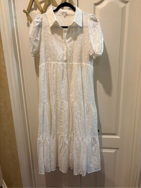 TCEC White Eyelet Tiered Maxi Dress with Collar